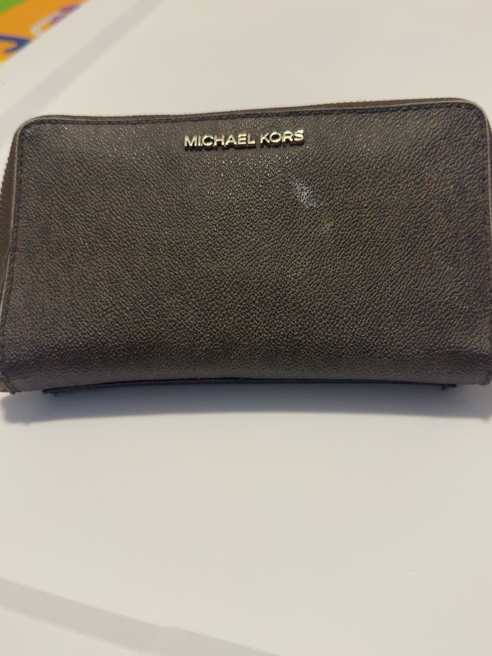 Michael Kors Black Leather Zip Wallet with Gold Logo Plaque